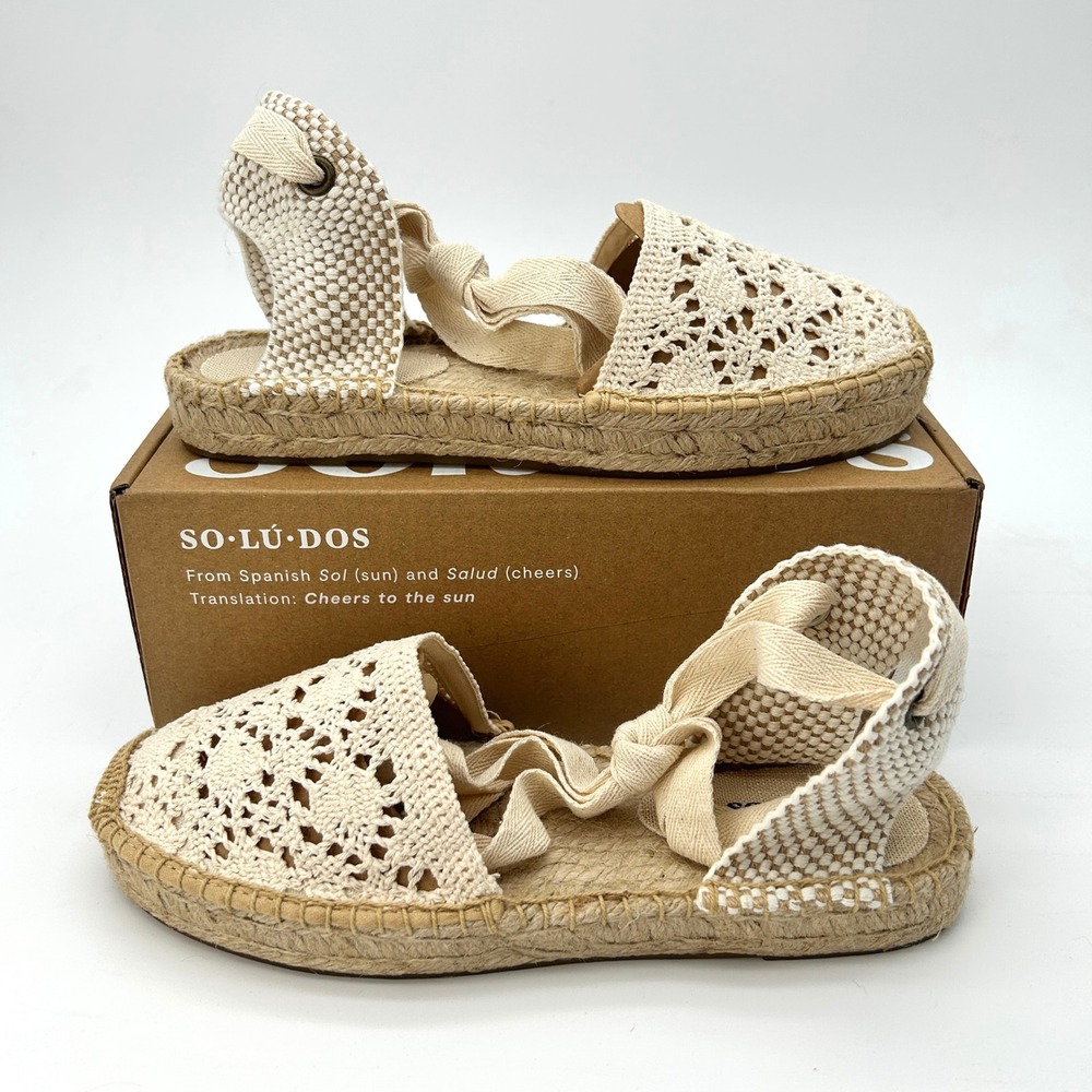 Womens Lace Up Espadrille Sandals Soludos The Lauren Sz. 7-7.5 Ivory Crochet NEW